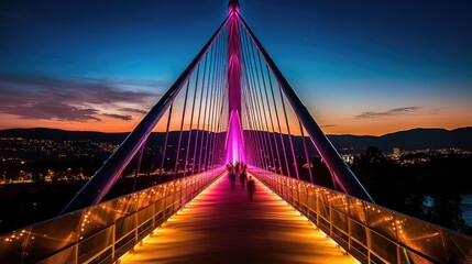 Fototapeta na wymiar An engineering marvel featuring a modern suspension bridge at night, illuminated by a symphony of colorful lights, creating a captivating spectacle. generative ai