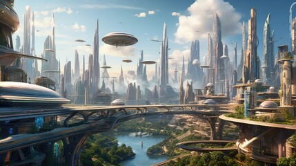 Obraz premium An engineering marvel of a futuristic city skyline, with towering skyscrapers, flying vehicles, and advanced transportation systems. generative ai