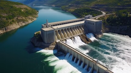 An engineering marvel of a massive dam, harnessing the power of a river, with water rushing through the gates and creating a magnificent display. generative ai