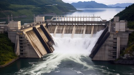 An engineering marvel of a massive dam, harnessing the power of a river, with water rushing through the gates and creating a magnificent display. generative ai