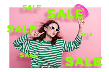Banner poster image collage of cool lady in sunglasses dance energetic enjoying summer vacation season special offers