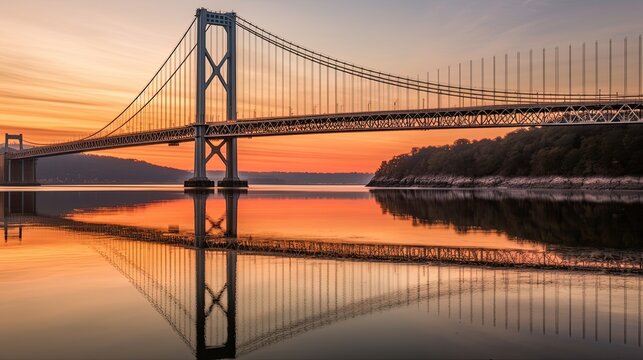 An engineering marvel of a suspension bridge at sunset, with a warm color palette, casting a reflection on the calm waters below. generative ai