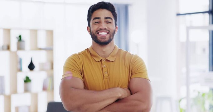 Business man, office and face with arms crossed and confidence feeling proud from work. Portrait, young employee and male person confident about professional job and web consulting success with pride