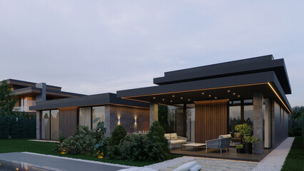 A modern one-story house with a flat roof and a swimming pool. Exterior. 3D visualization