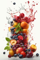 Levitation mix sweet fruits and berries with drops of juice water splash, isolated on white background, organic healthy fruit, flying food. Splash of juice, AI generative