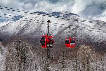 Gondola lift against the backdrop of a winter mountain forest
