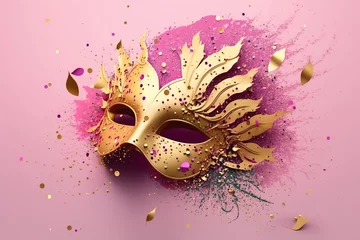 Tuinposter Masquerade golden and magenta carnival mask with sparks splash © Viktoriia