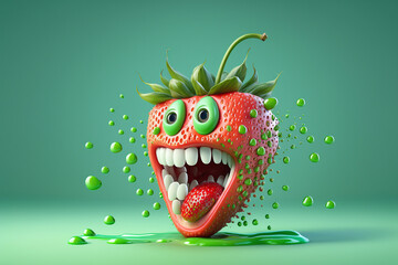 Cartoon smiling, crazy strawberry with splash liquid juice