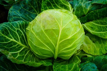 Green cabbage soaked in waterdrops