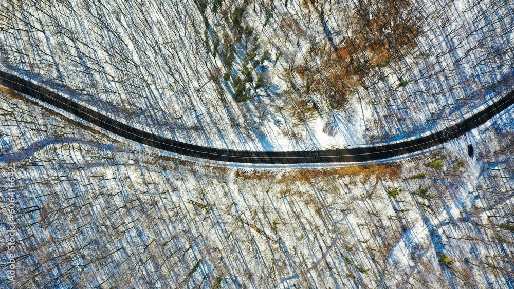 Sticker Aerial view of Fruska Gora road in Winter