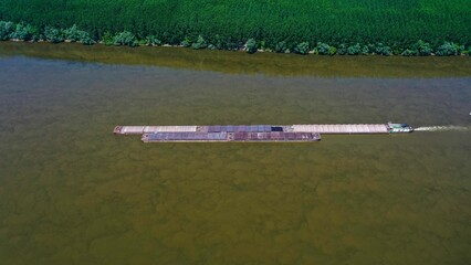 Aerial view of barge on Danube river