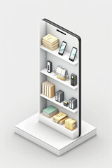 Isometric modern white online bookstore or library concept, e-books app for reading on smartphone, bookshop in phone online, E-Learning and education concept. AI Generative.