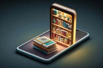 Isometric modern online bookstore or library concept, e-books app for reading on smartphone, bookshop in phone online, E-Learning and education concept. AI Generative.