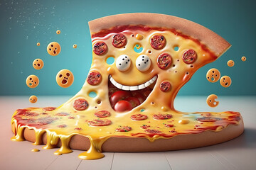 Levitation cartoon smiling, crazy pizza piece food splash, take out and fast food characters, carbohydrates food, high-fat, high-calorie, guilty pleasure, AI Generative.