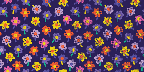 Seamless pattern of simple flowers. Collection of hand drawn natural elements. Bold Florals. Set of two prints on a dark background