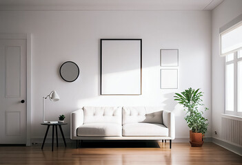 Obraz na płótnie Canvas illustration of stylish modern white living room with cozy sofa and empty frame on wall. AI