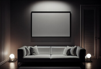 illustration of stylish modern black and gray living room with cozy sofa and empty frame on wall. AI
