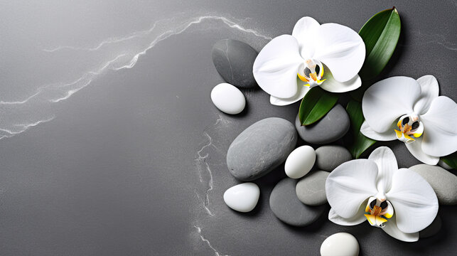spa stones, orchid  flower on grey background. Generative AI