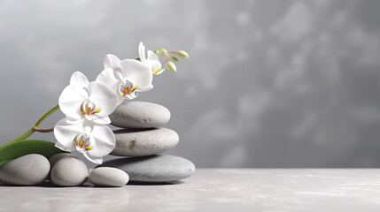 Fototapeta na wymiar spa stones, orchid flower on grey background. Generative AI
