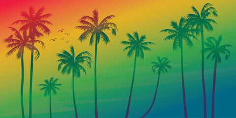 Fototapeta na wymiar Colorful palm trees with surrealistic sky background vector illustration. Summer traveling and party at the beach vivid colors concept flat design.
