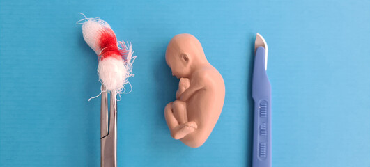 Baby fetus and abortion scalpel and blood