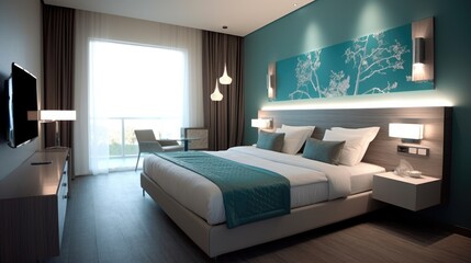 Fototapeta na wymiar hotel room with bed, ai generative