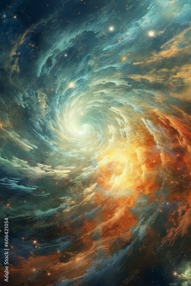 Poster wind as a celestial entity, with swirling galaxies and cosmic elements, representing the cosmic forces at play in wind patterns.  Generative AI technology.
