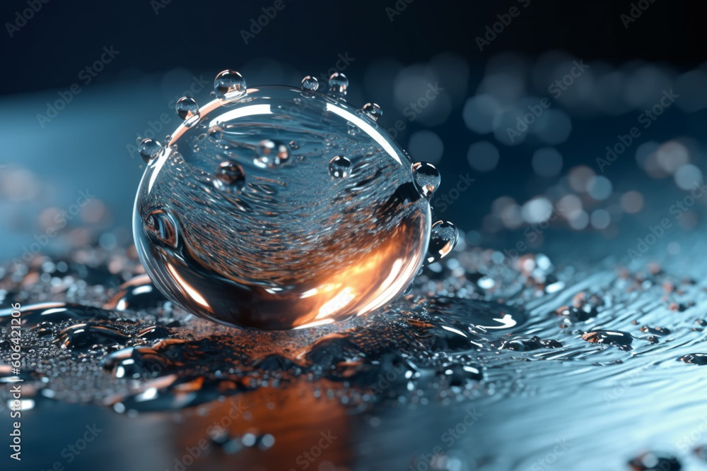 Poster a frozen water droplet, capturing the moment when water transforms into a beautiful ice formation. g