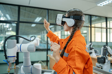 Engineers are using virtual AR to maintain and check the work of human robot in the 4.0 smart...