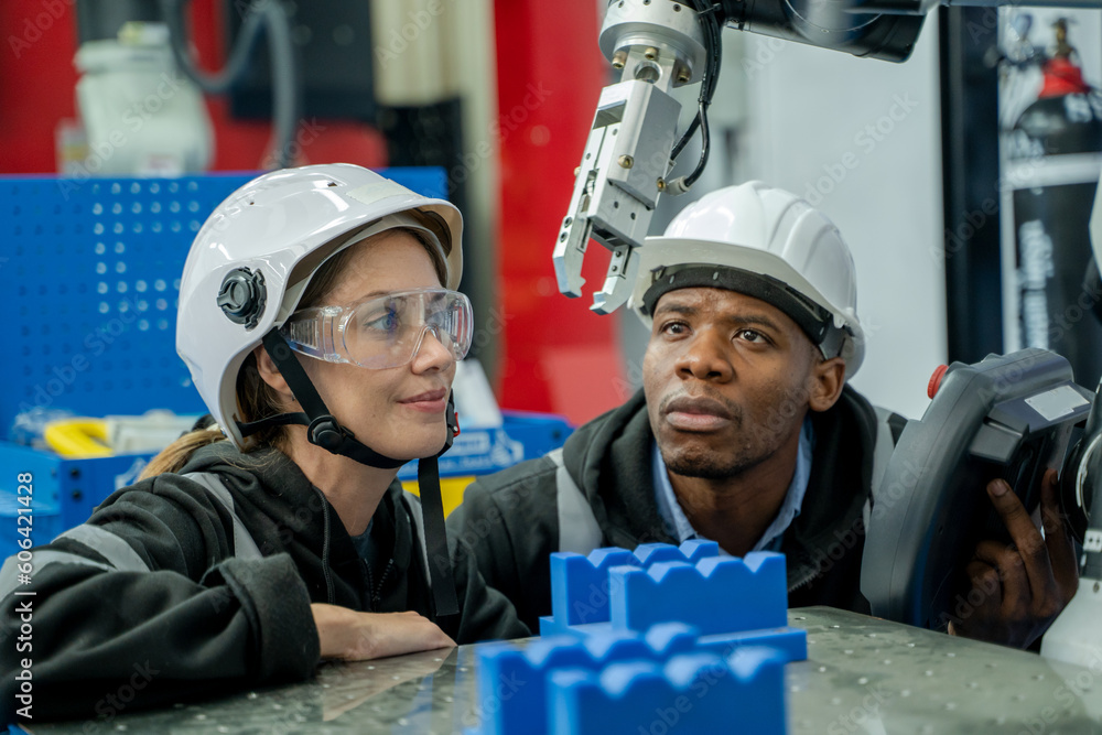 Fototapete engineer working with automation robot arms machine in intelligent factory industrial.