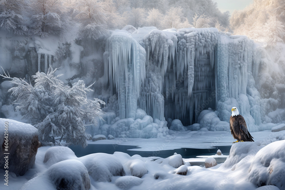 Poster a frozen waterfall, with a bald eagle perched on a nearby branch, capturing the symbiotic relationsh
