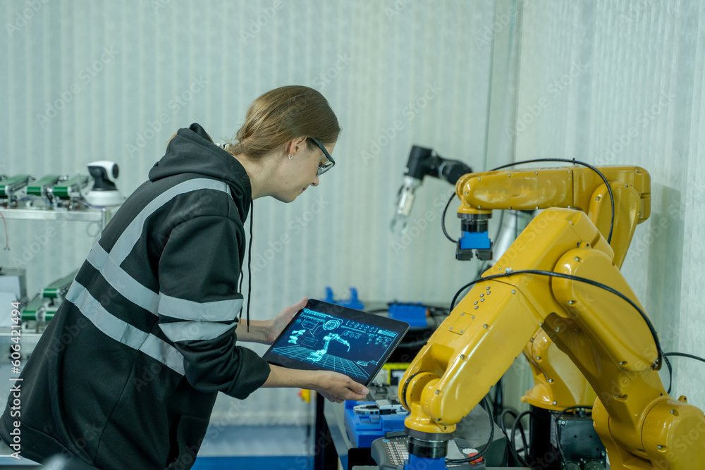 Leinwandbilder engineer using laptop for programming modern robot arm in automated manufacturing industry,modern eq