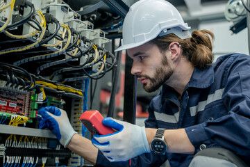 Electrical engineers using measuring them with a multimeter test electrical installations and...