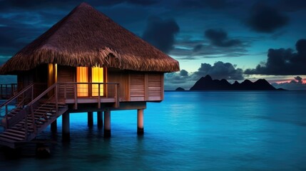 Fototapeta premium Bungalows Bora Bora,Sunset panorama by the sea, ai generative