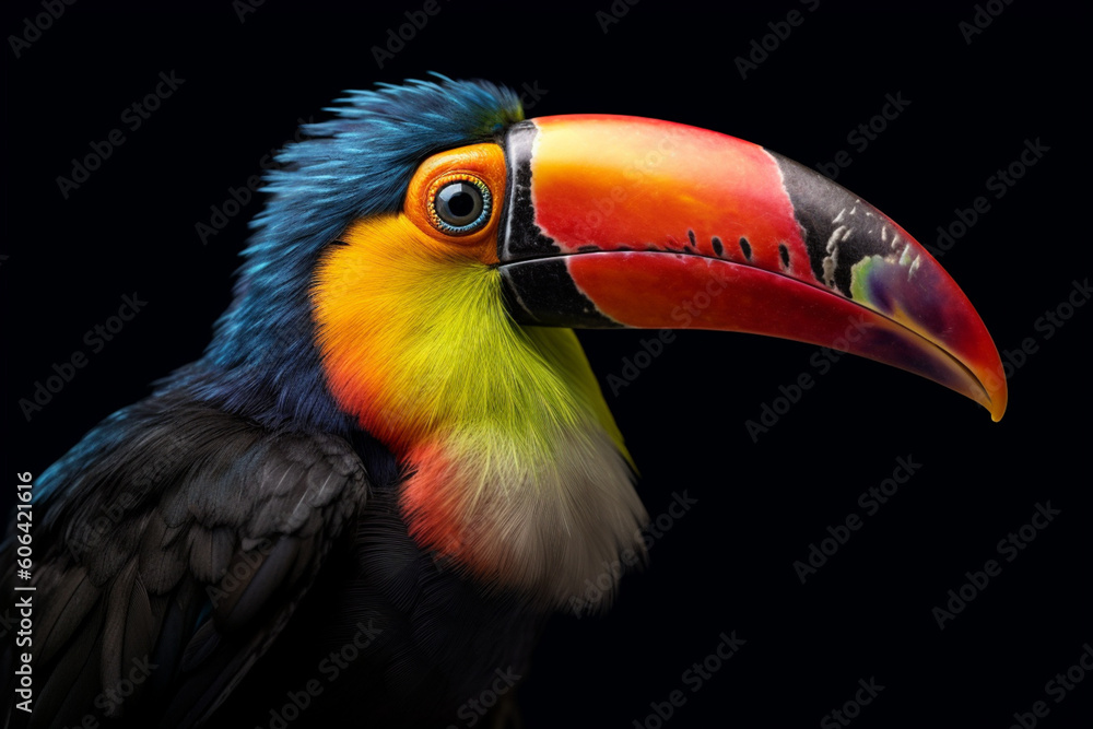 Poster A close-up shot of a colorful toucan perched on a branch, with its vibrant feathers and distinctive beak stealing the spotlight. Generative AI technology.