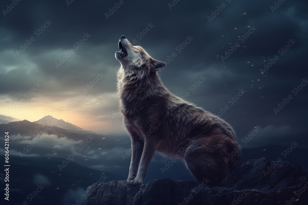 Poster a solitary wolf howling against a backdrop of a full moon, evoking a sense of mystery and connection