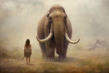 Prehistoric mammoth with woman. Generate Ai - obrazy, fototapety, plakaty