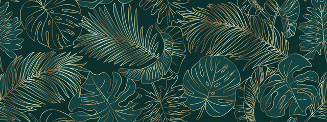 Naklejka na ściany i meble Tropical leaves in doodle style. Hand-drawn black line design vector elements. Exotic summer botanical illustrations. Monster leaves, palm tree, banana leaf.