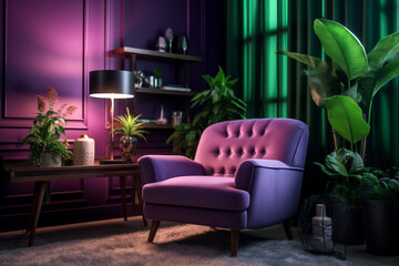 Cozy living room interior with purple armchair and green wall, Generative AI	