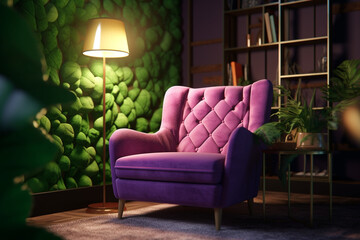 Fototapeta na wymiar sofa in a living room Cozy living room interior with purple armchair and green wall, Generative AI 
