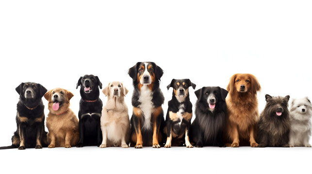 dog line up together for a portrait white background. Generative AI