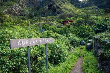 Closeup of a leading sign to Cuevas Negras in the Teno mountains surrounded by greenery