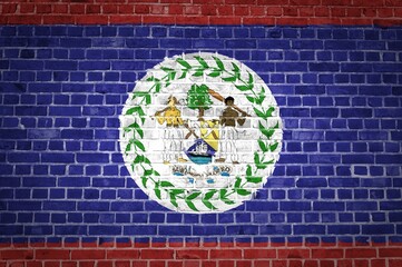 Belize flag painted on a brick wall in an urban location