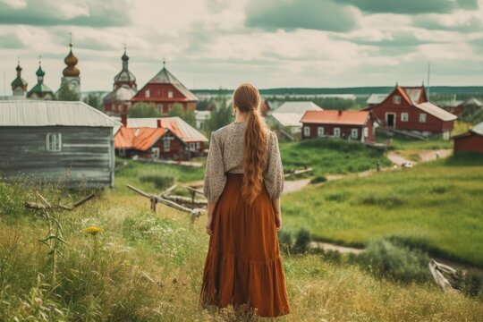 Russian woman field old village. Generate Ai