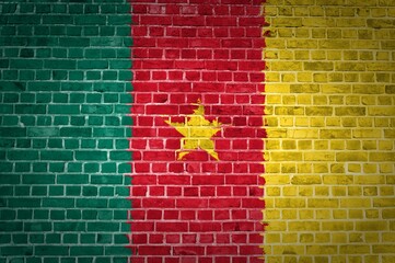 Closeup of the Cameroon flag painted on a brick wall in an urban location