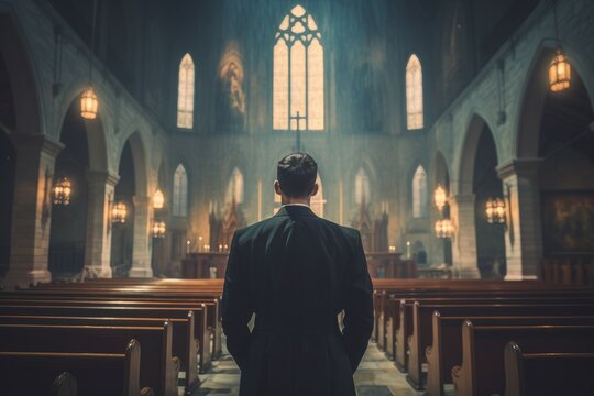 Priest man church interior. Generate Ai