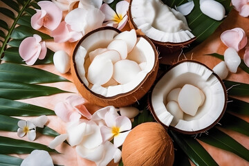 Exotic Paradise: Continuously Patterned Coconut Slices, Leaves, and Flowers