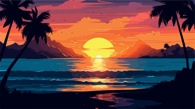 Vector illustration of sunset on the beach. Based on AI generative image.