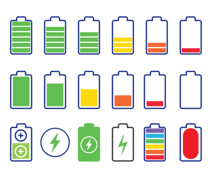 Set of vertical battery level indicators in percentage vector. Battery indicator symbols. 0-100 percent.	