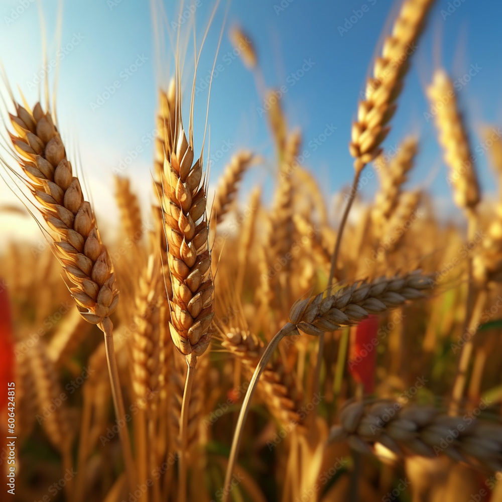 Aufkleber   close-up image of wheat ears gently swaying in the wind, evoking a sense of calm and tranquility.  Generative AI technology.